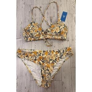 CUPSHE Floral Earthtones Two-Piece Swimsuit‎ Crisscross Lace Up Back- Size M